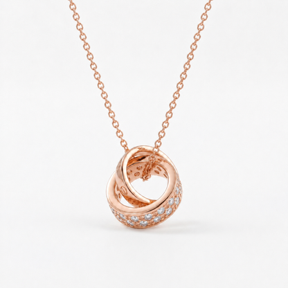 Rose gold Interlocking Circle Pendant Necklace close up with crystal circle pendant