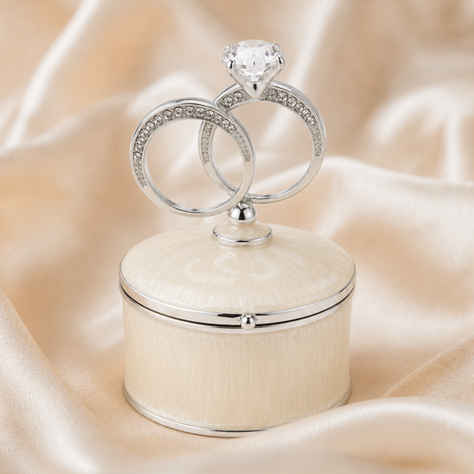 Romantic double wedding rings jewellery box with crystal detail in ivory and silver
