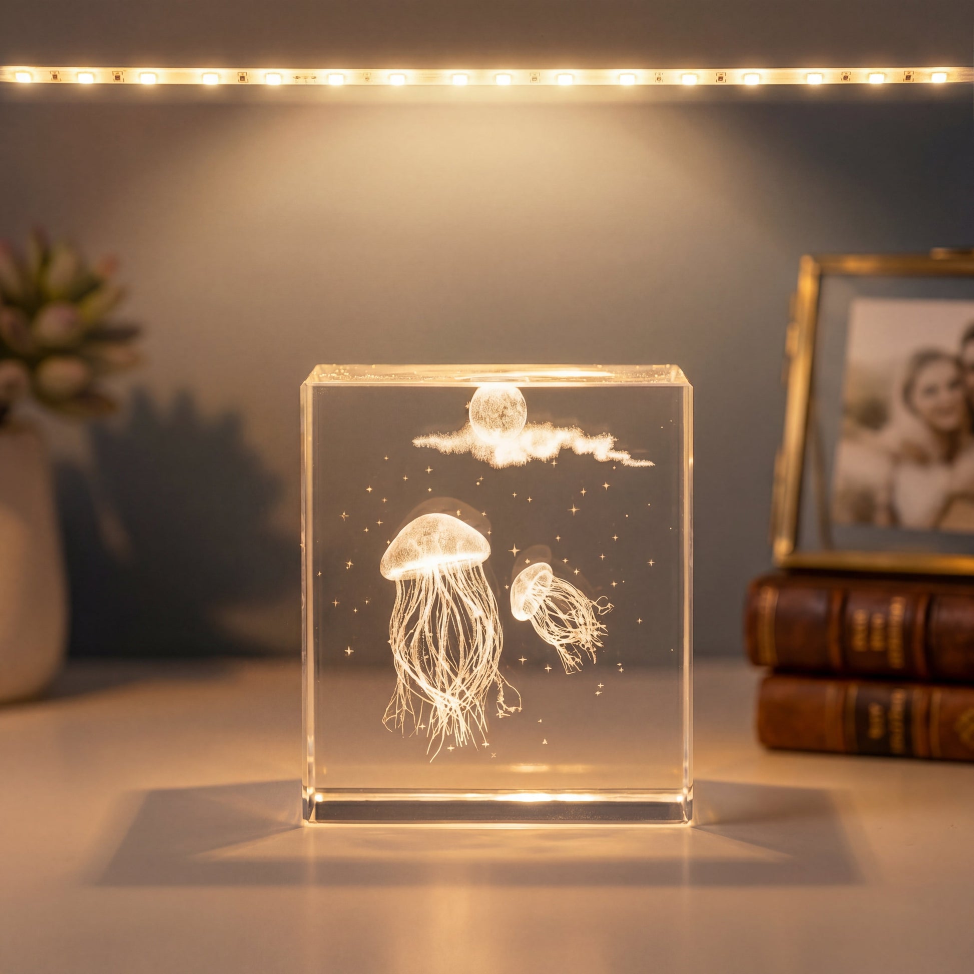 Jellyfish 3D engraved crystal cube keepsake displayed under warm light for a calming gift idea