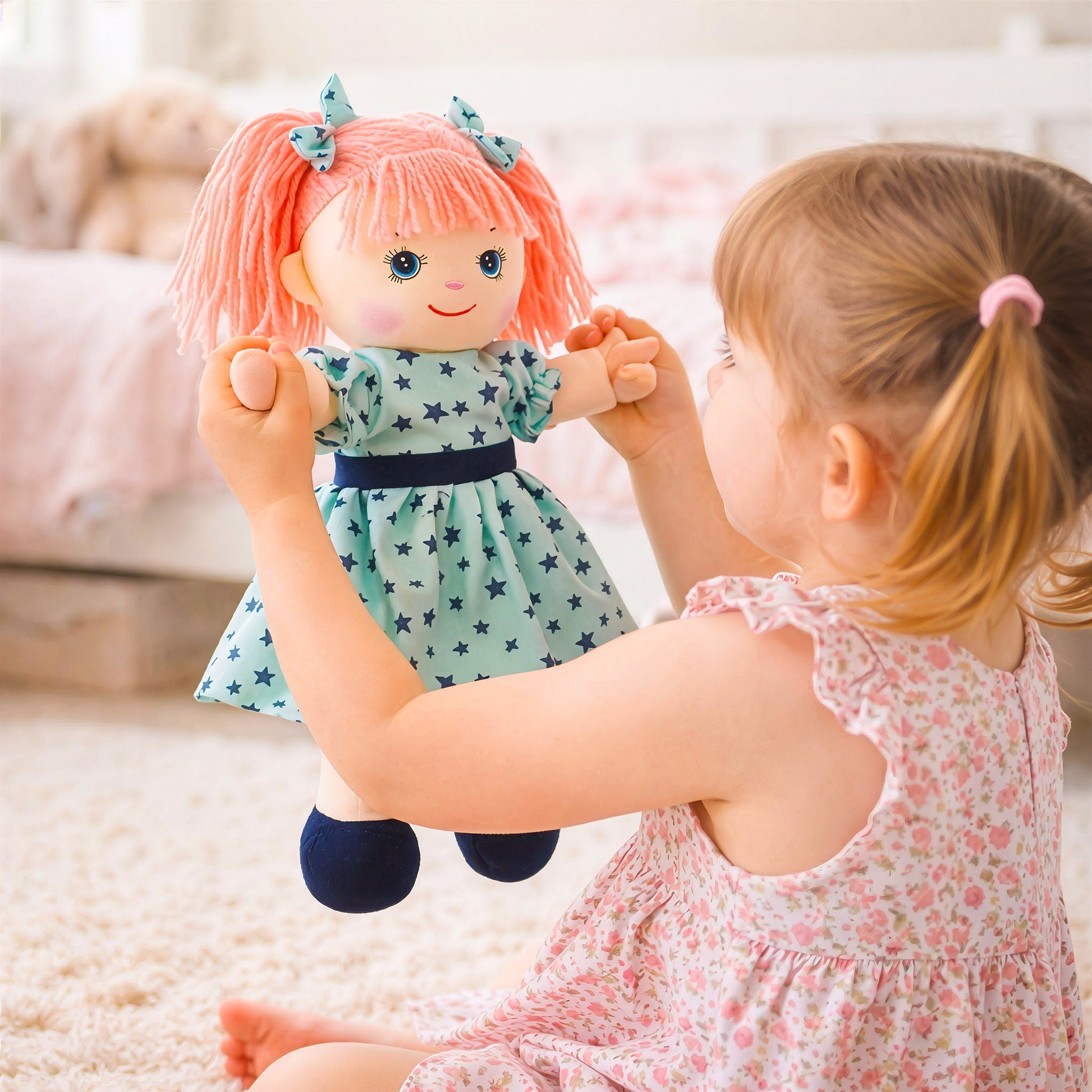 Kids playing with Eva plush doll toy at home