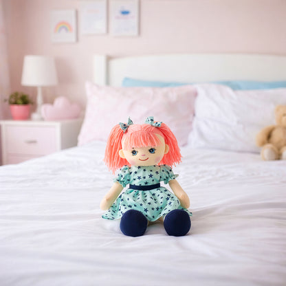 Kids plush doll toy Eva styled in bedroom as gift idea