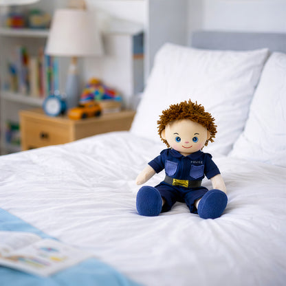Lewis police plush doll toy styled in kids bedroom