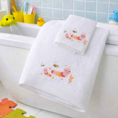Little Critters pink baby bath towel and face washer set displayed by bathtub