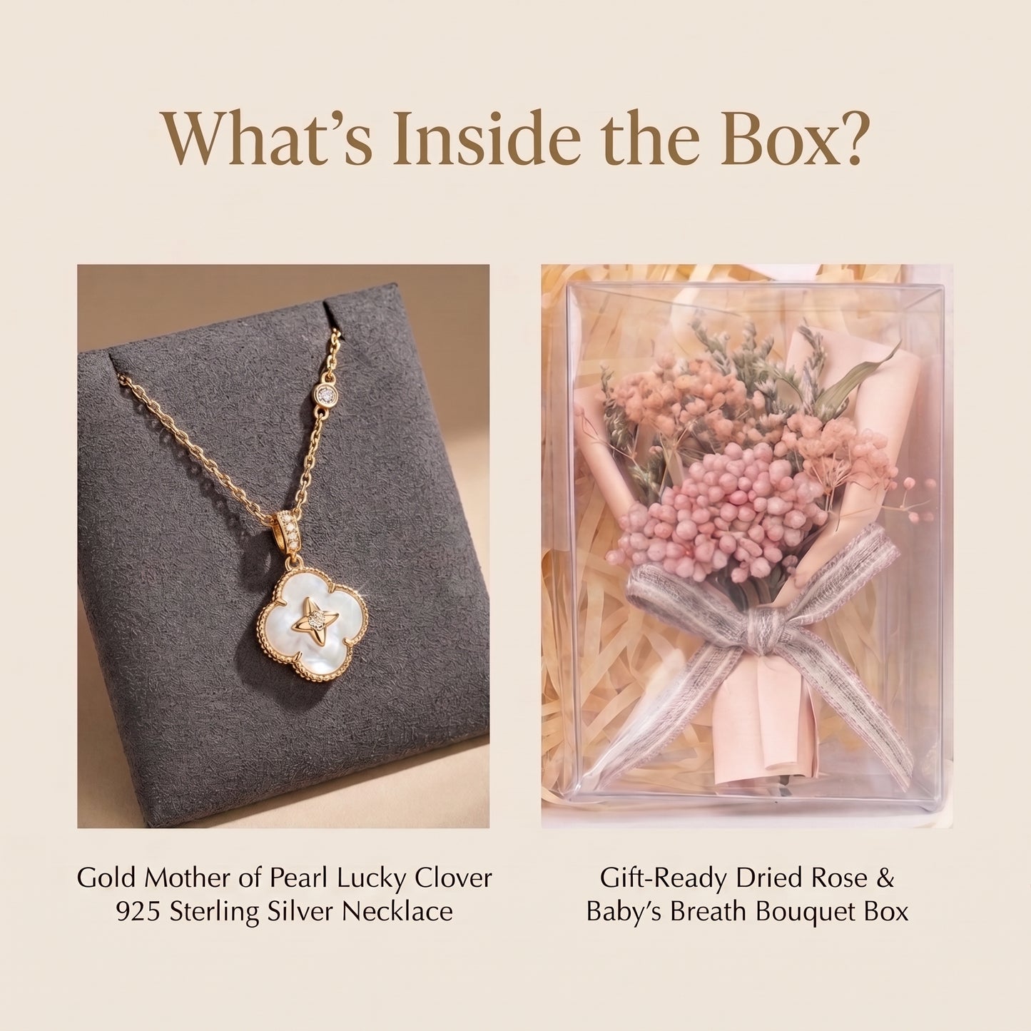Lucky clover necklace and pink dried flower bouquet included in the gift set