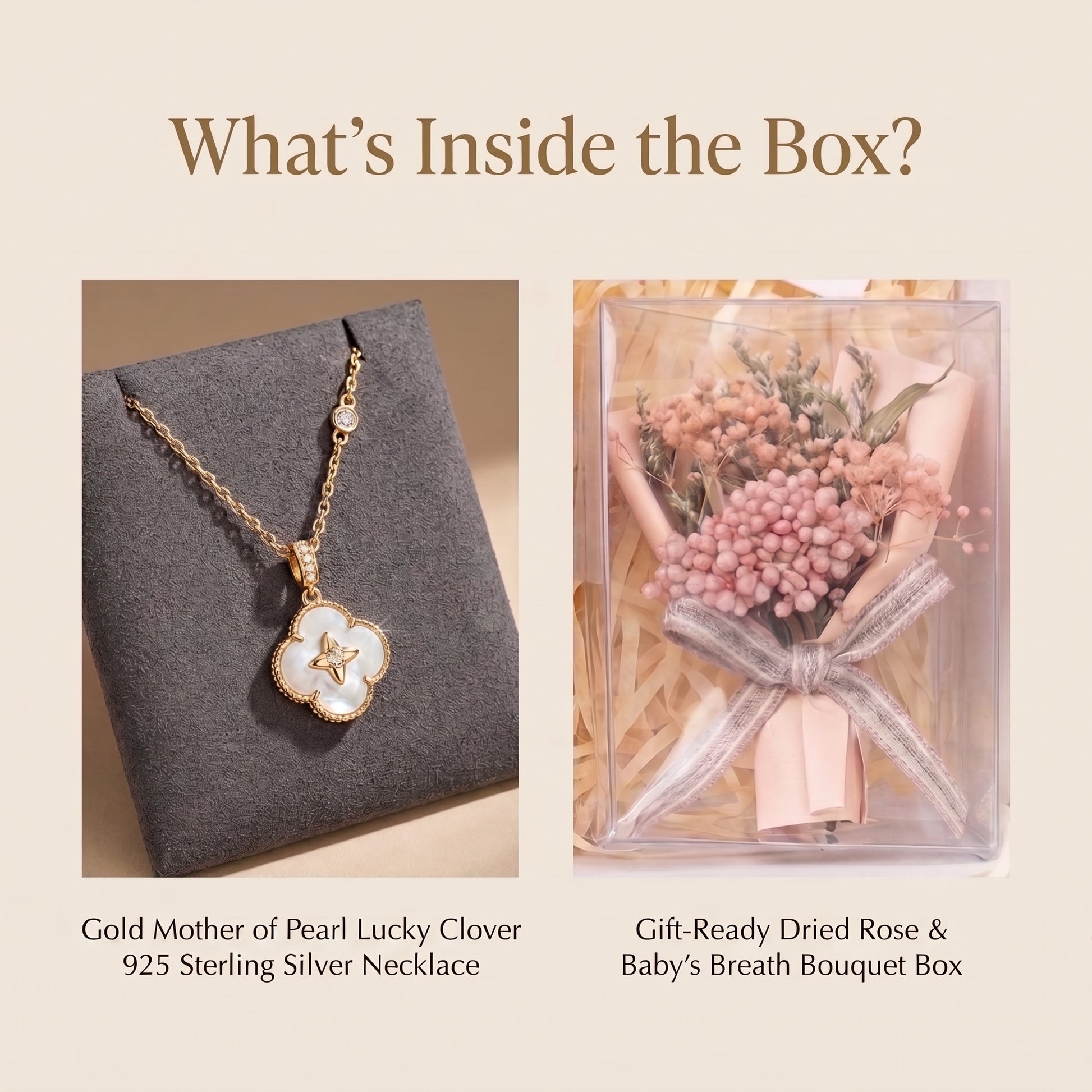 Lucky clover necklace and pink dried flower bouquet included in the gift set