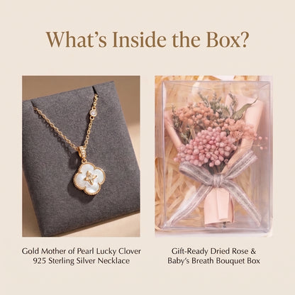 Lucky clover necklace and pink dried flower bouquet included in the gift set