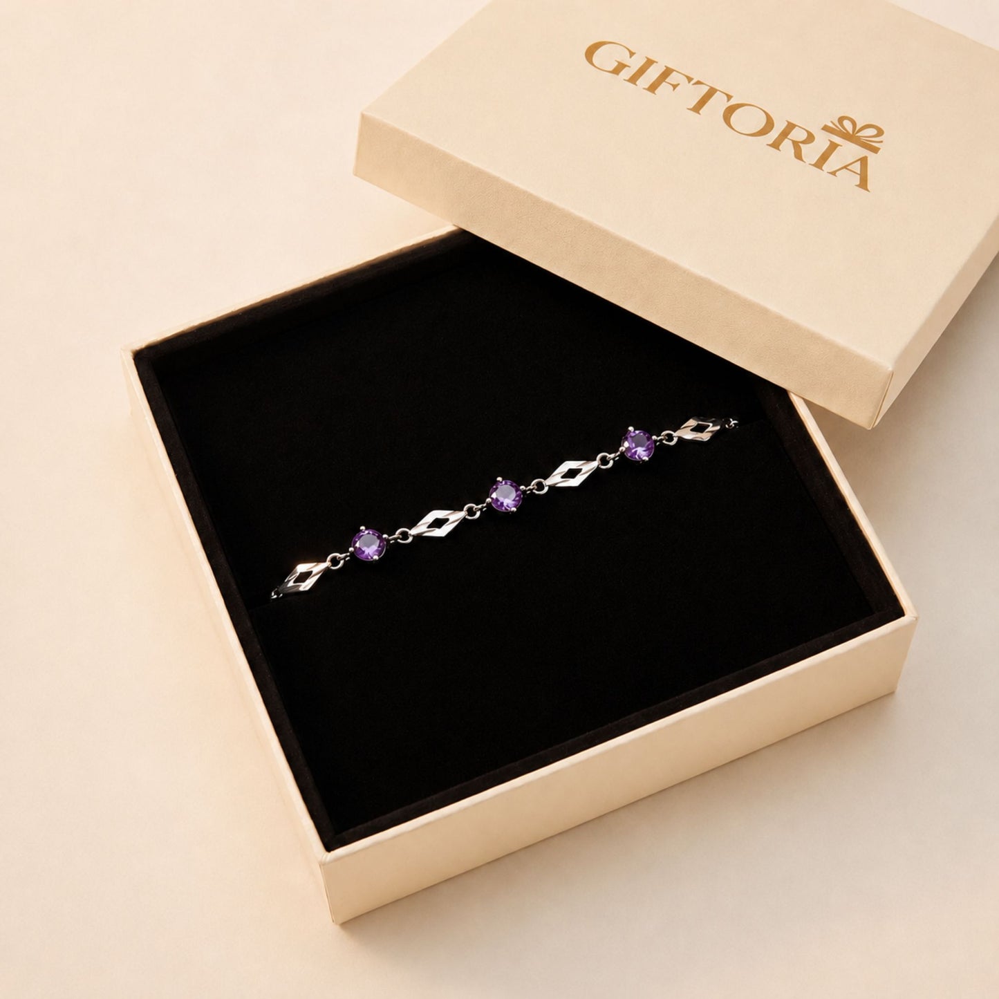 999 fine silver purple cubic zirconia bracelet in Giftoria gift box, ready to gift bracelet for her