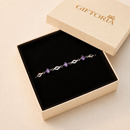 999 fine silver purple cubic zirconia bracelet in Giftoria gift box, ready to gift bracelet for her