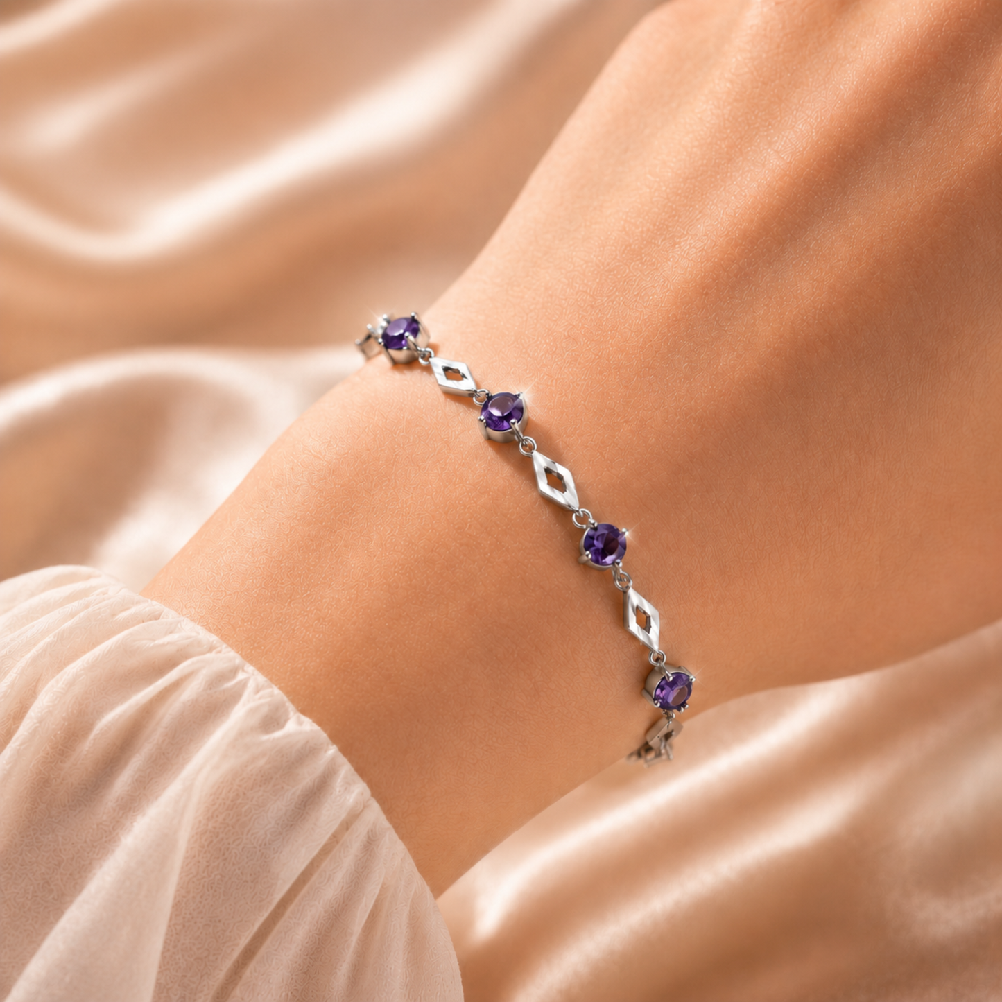 Luminous Love purple cubic zirconia 999 fine silver bracelet worn on a woman's wrist
