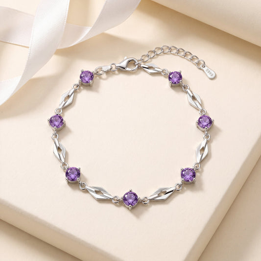 Luminous Love purple cubic zirconia bracelet made with 999 fine silver, delicate romantic bracelet for women