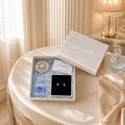 Luxury Giftoria gift set with gold butterfly earrings, blue preserved rose and pearl jewellery box on a satin table