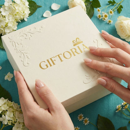 Luxury Giftoria gift box for her with elegant cream packaging and gold logo