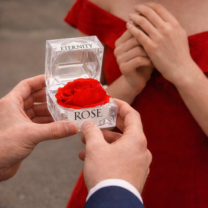 Man presenting everlasting rose gift box to woman romantic love surprise