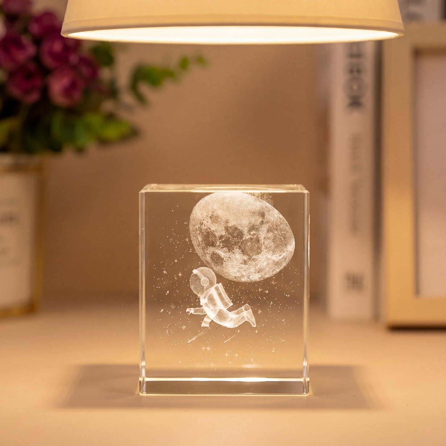Moon and astronaut 3D engraved crystal cube keepsake, a dreamy gift for someone special