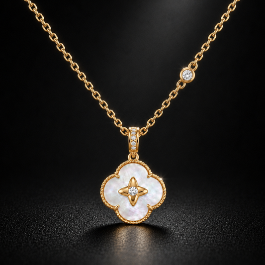 gold lucky clover pendant with mother of pearl and crystal detail main image