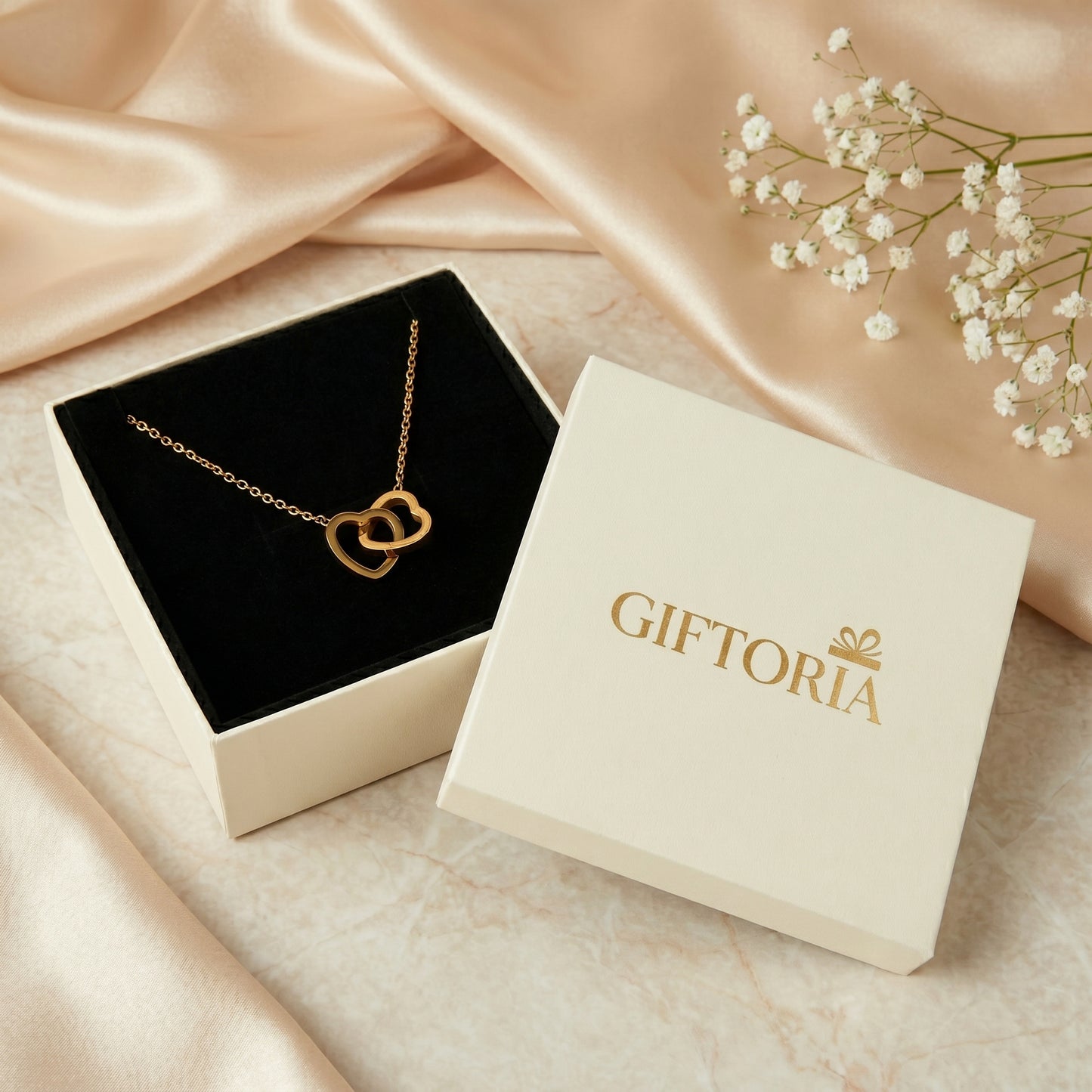 Gold stainless steel double linked heart necklace