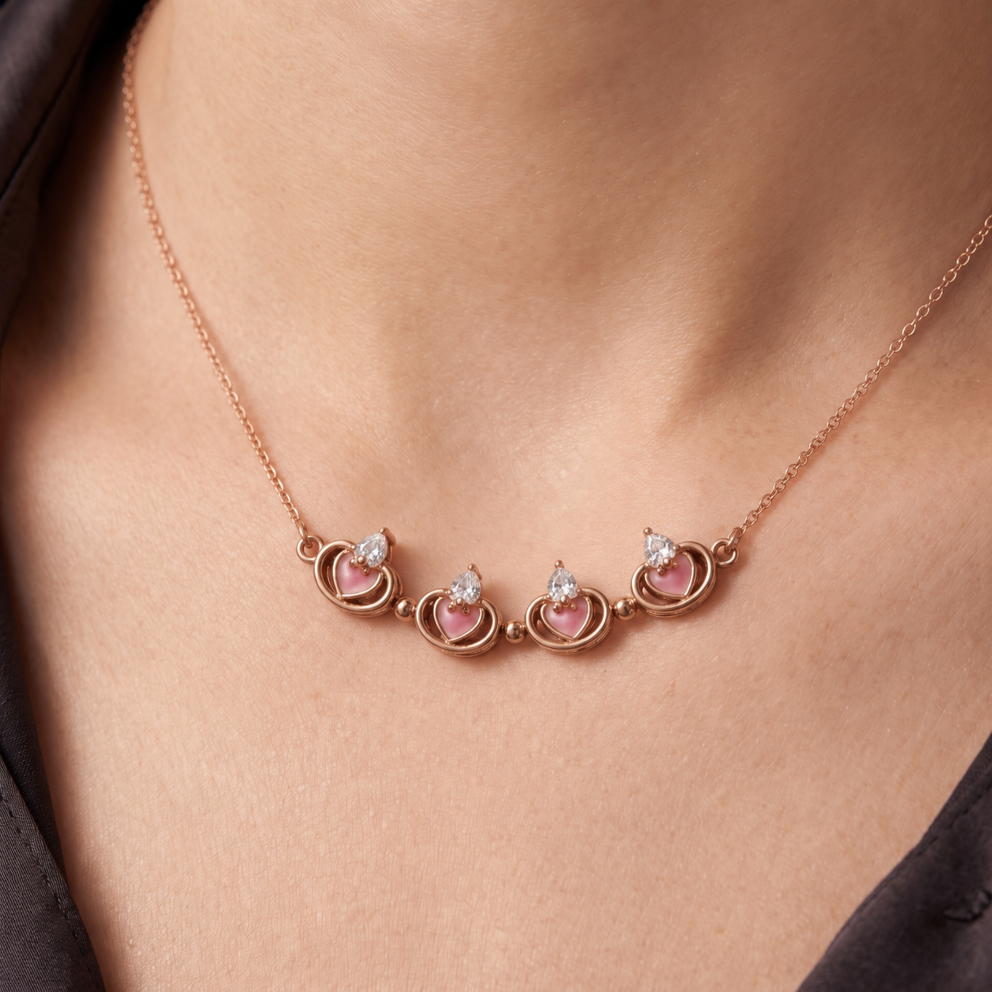 Model wearing open petal rose gold magnetic clover necklace