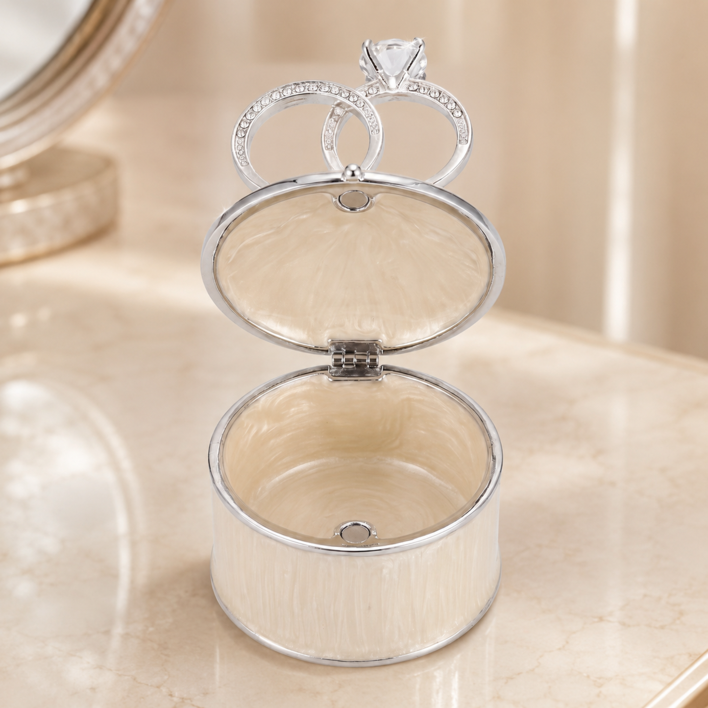 Open wedding rings jewellery box showing the interior for rings and small jewellery