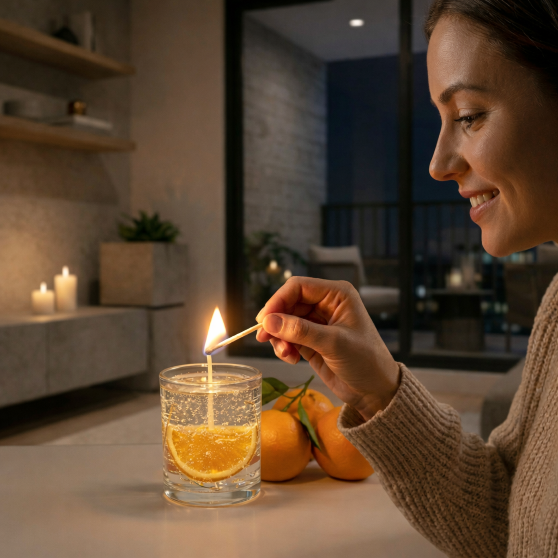 Orange gel wax scented candle lifestyle image with woman lighting candle