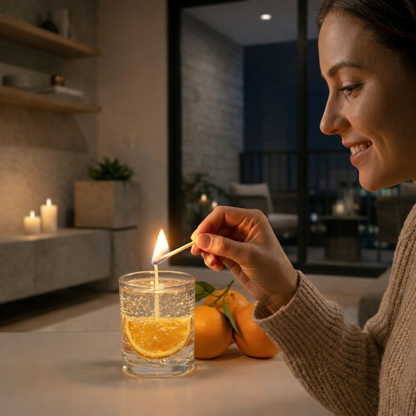 Orange gel wax scented candle lifestyle image with woman lighting candle