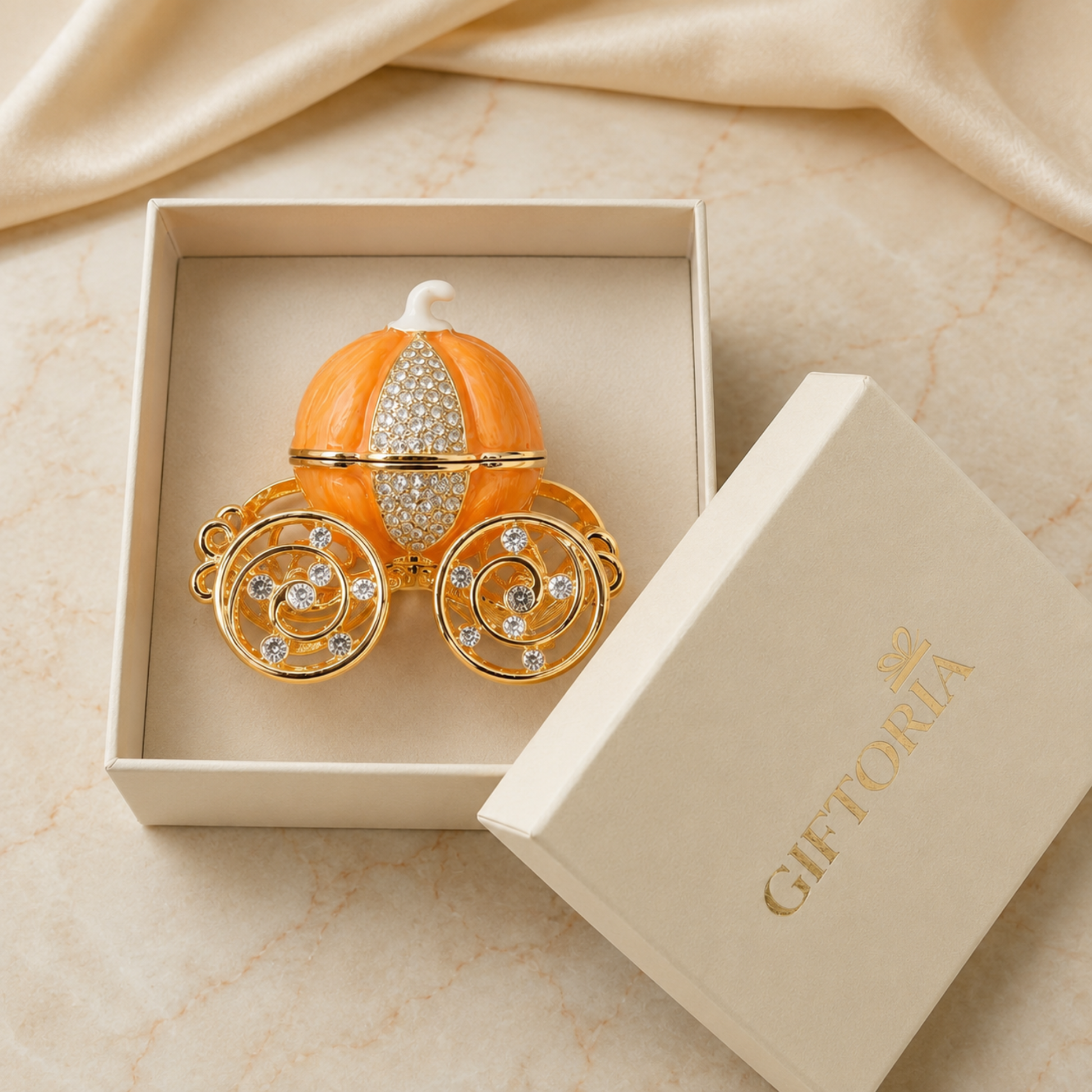 Enchanted Pumpkin Carriage Jewellery Box presented in an elegant gift box