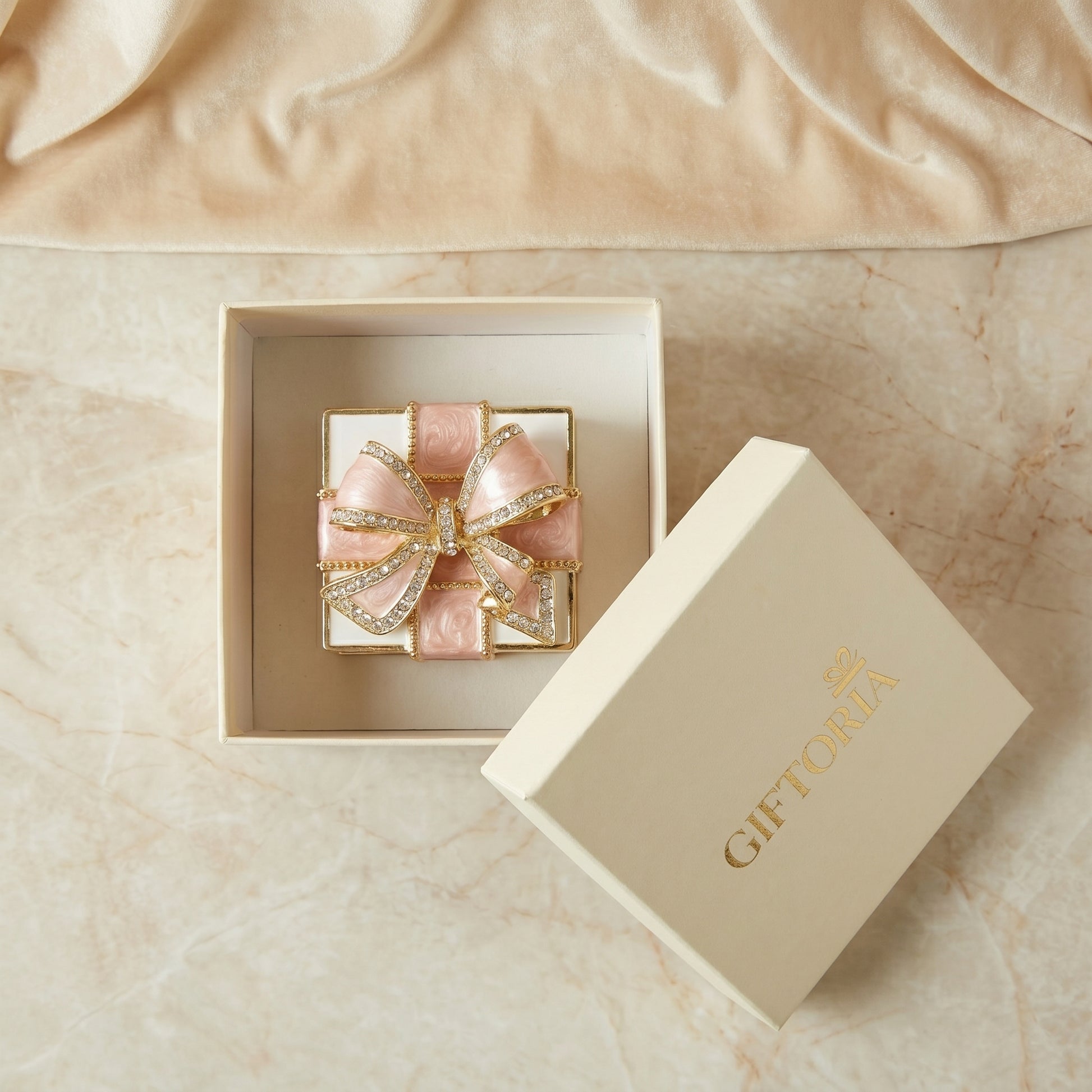 Pink vintage bow enamel crystal jewellery box with Giftoria gift box, elegant mini jewellery storage gift for her Australia