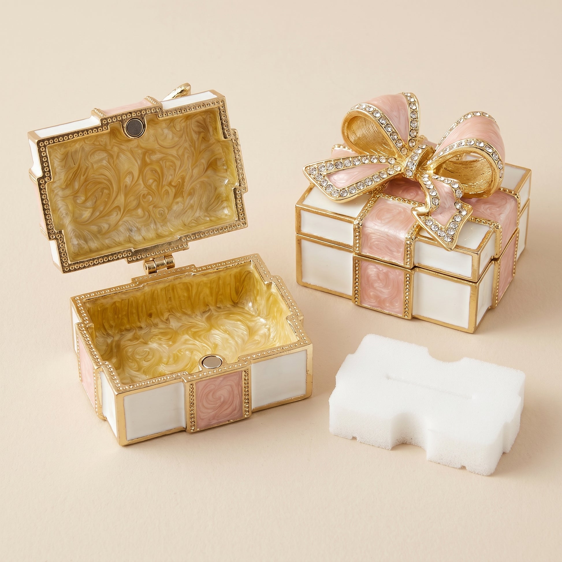 Pink bow gift box enamel crystal jewellery box with removable ring holder, elegant jewellery storage box for rings and small keepsakes