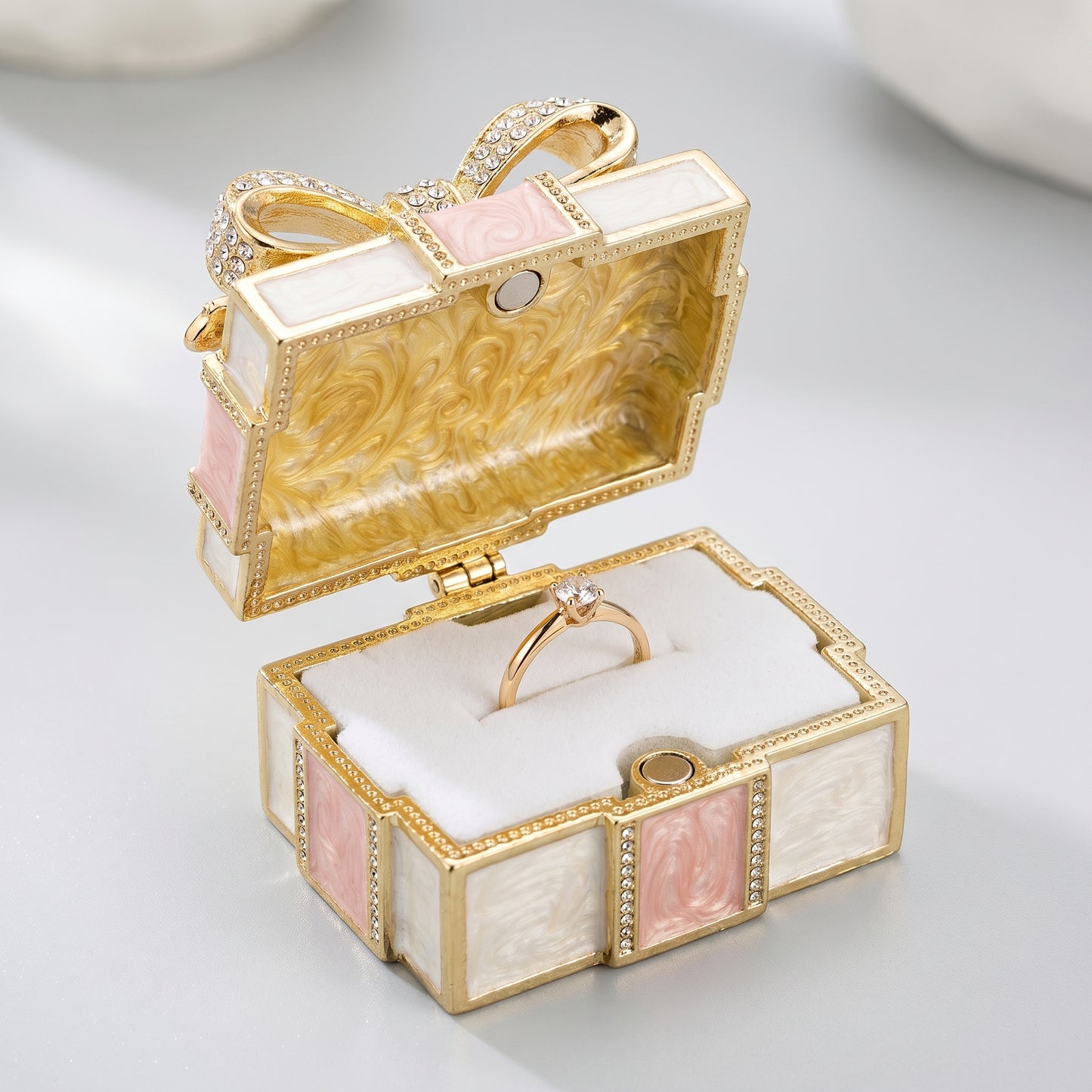 Pink vintage bow enamel crystal jewellery box open for ring storage, elegant gift box jewellery holder for her