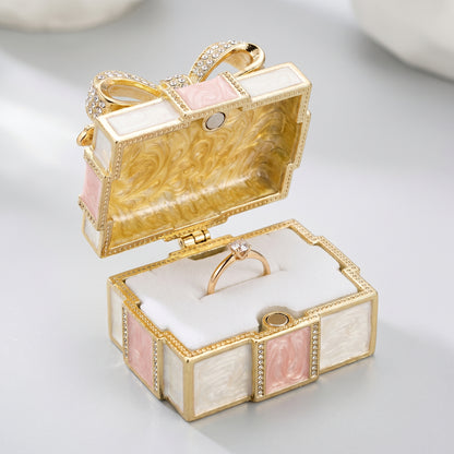 Pink vintage bow enamel crystal jewellery box open for ring storage, elegant gift box jewellery holder for her
