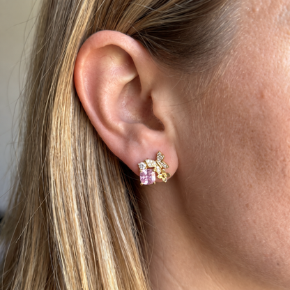 Pink Gold Butterfly Garden sterling silver stud earrings worn on the ear