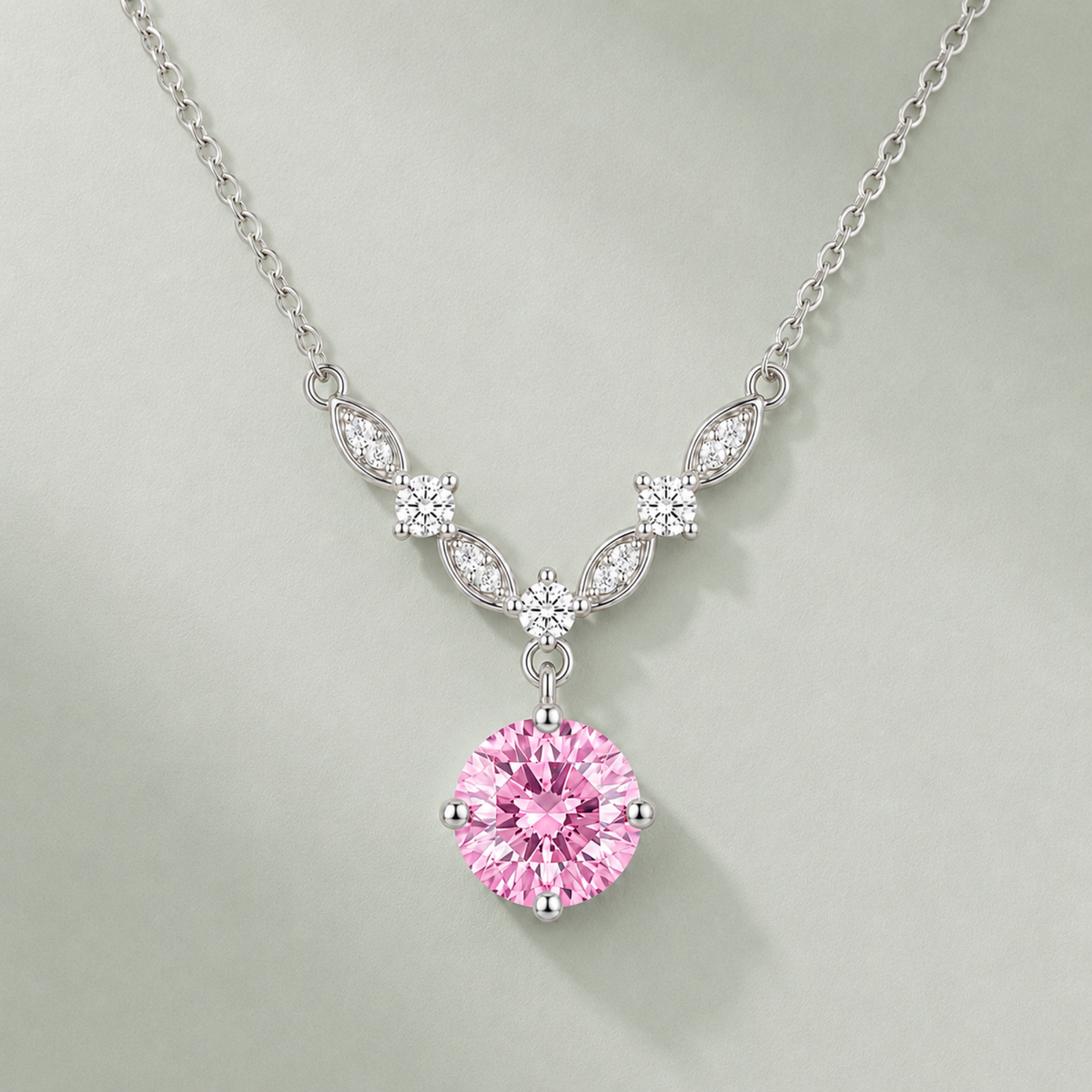 925 sterling silver pink cubic zirconia floral vine necklace with delicate leaf details