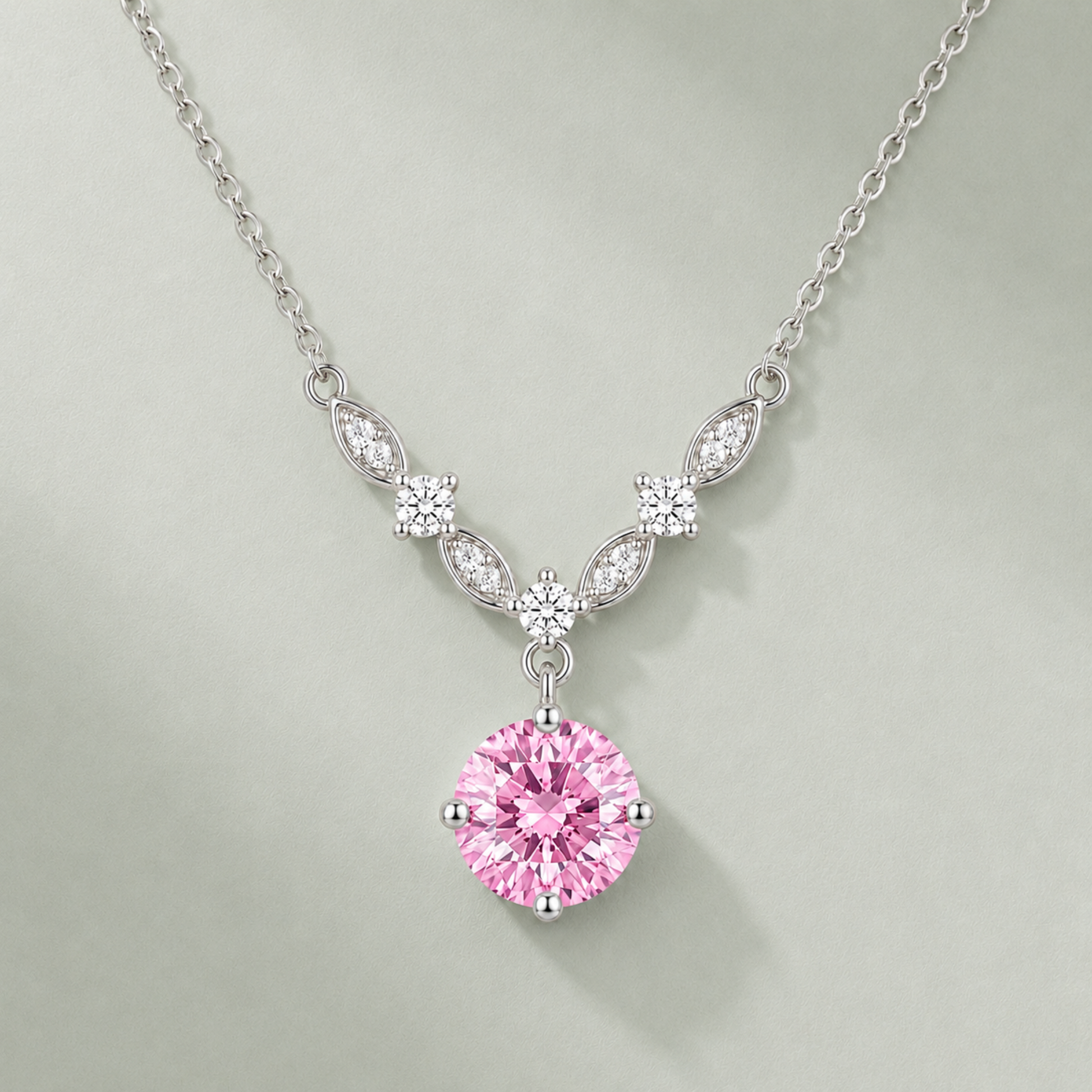 925 sterling silver pink cubic zirconia floral vine necklace with delicate leaf details