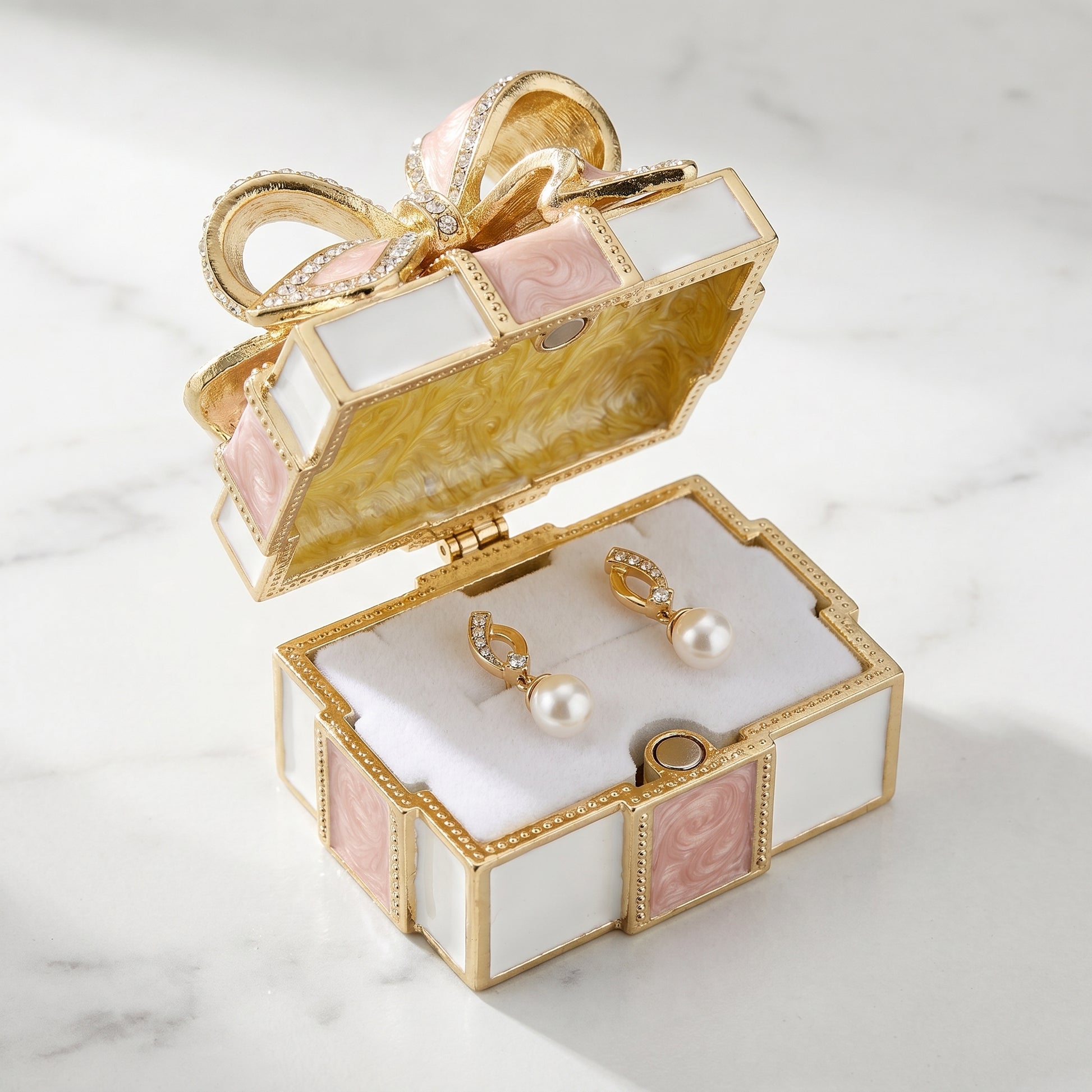 Pink gift box style enamel crystal jewellery box for earrings and ring storage, vintage jewellery keepsake box gift for her
