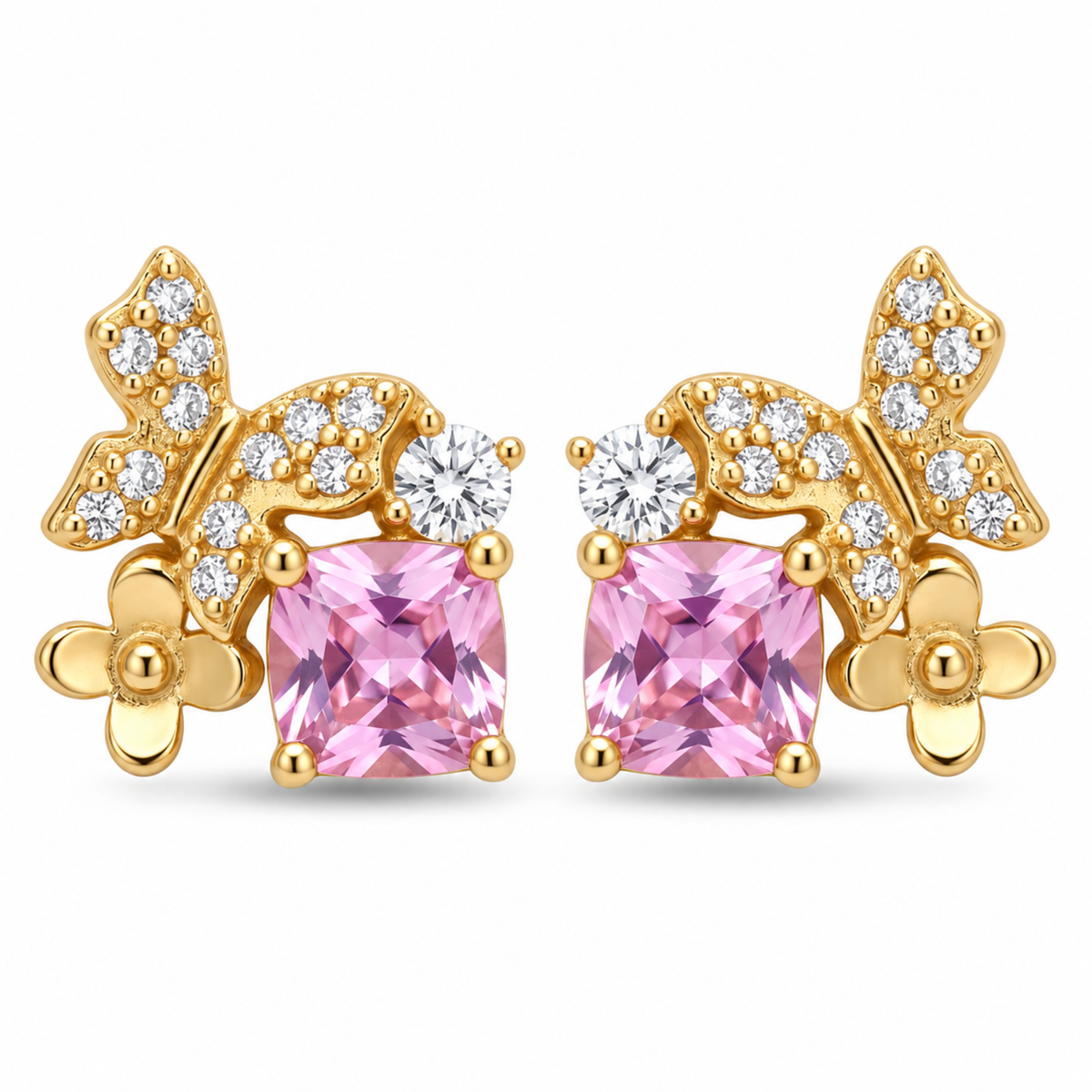 Front view of pink Gold Butterfly Garden 925 sterling silver stud earrings