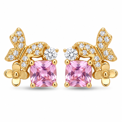 Front view of pink Gold Butterfly Garden 925 sterling silver stud earrings