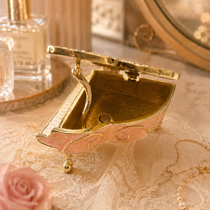 Open pink crystal grand piano jewellery box with gold interior