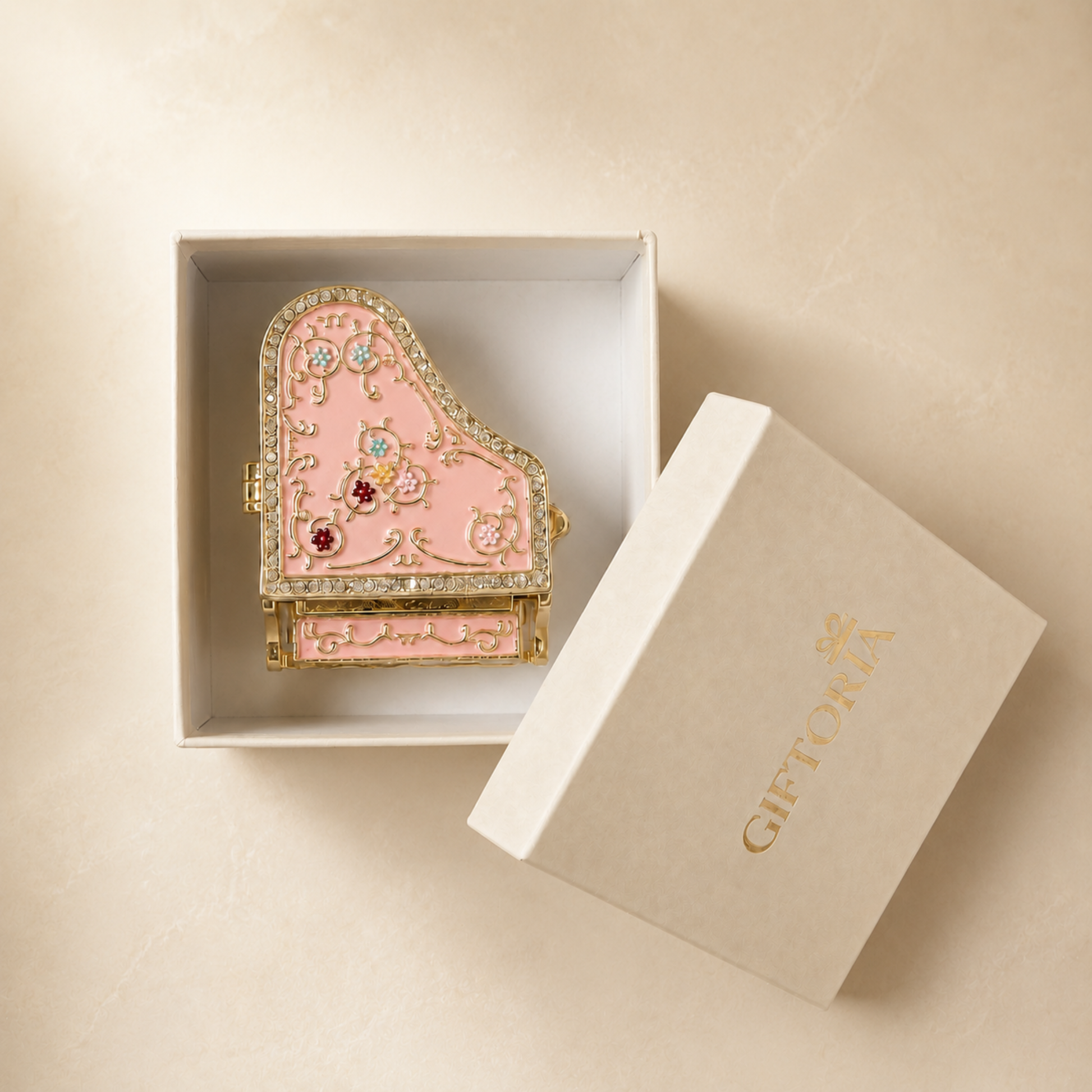 Pink grand piano jewellery box presented in Giftoria gift packaging