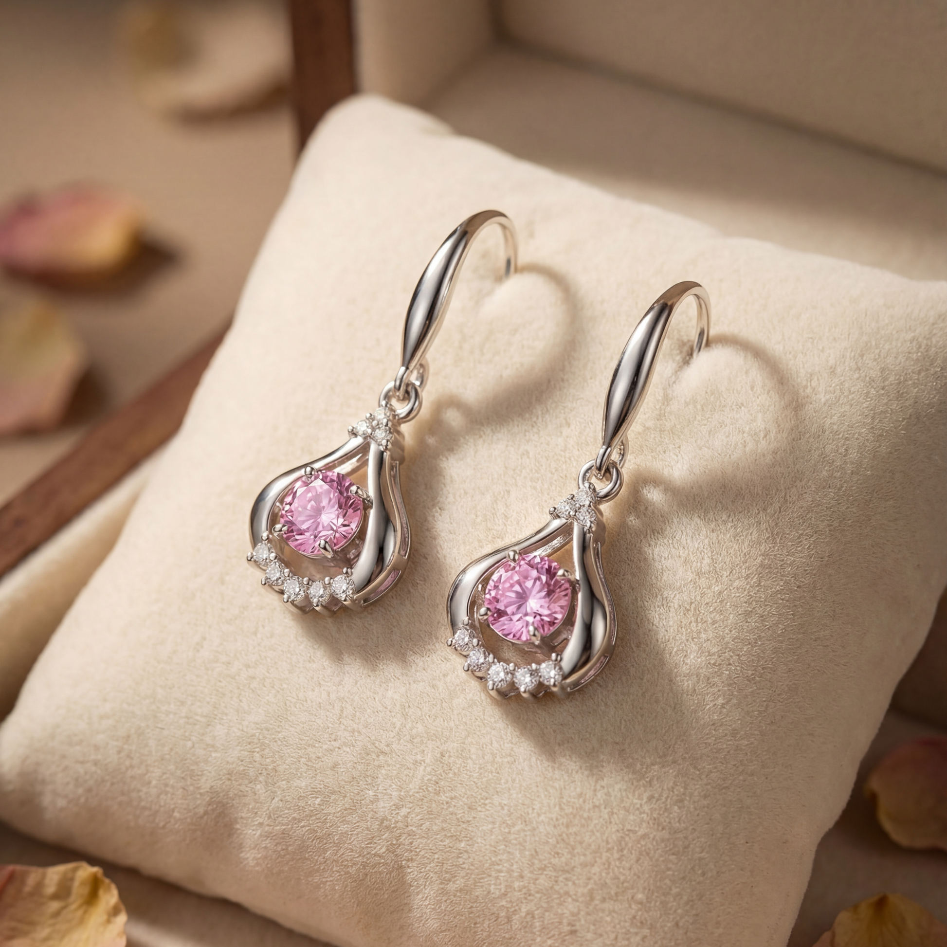 Pink sterling silver teardrop dancing crystal earrings on soft fabric with romantic detail