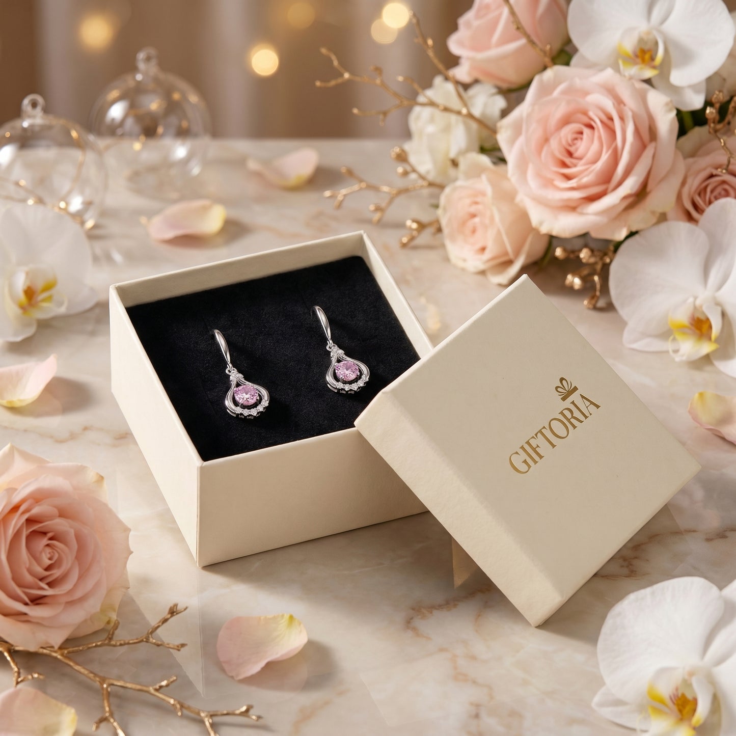 Pink teardrop dancing cubic zirconia earrings worn on ear with delicate sparkle