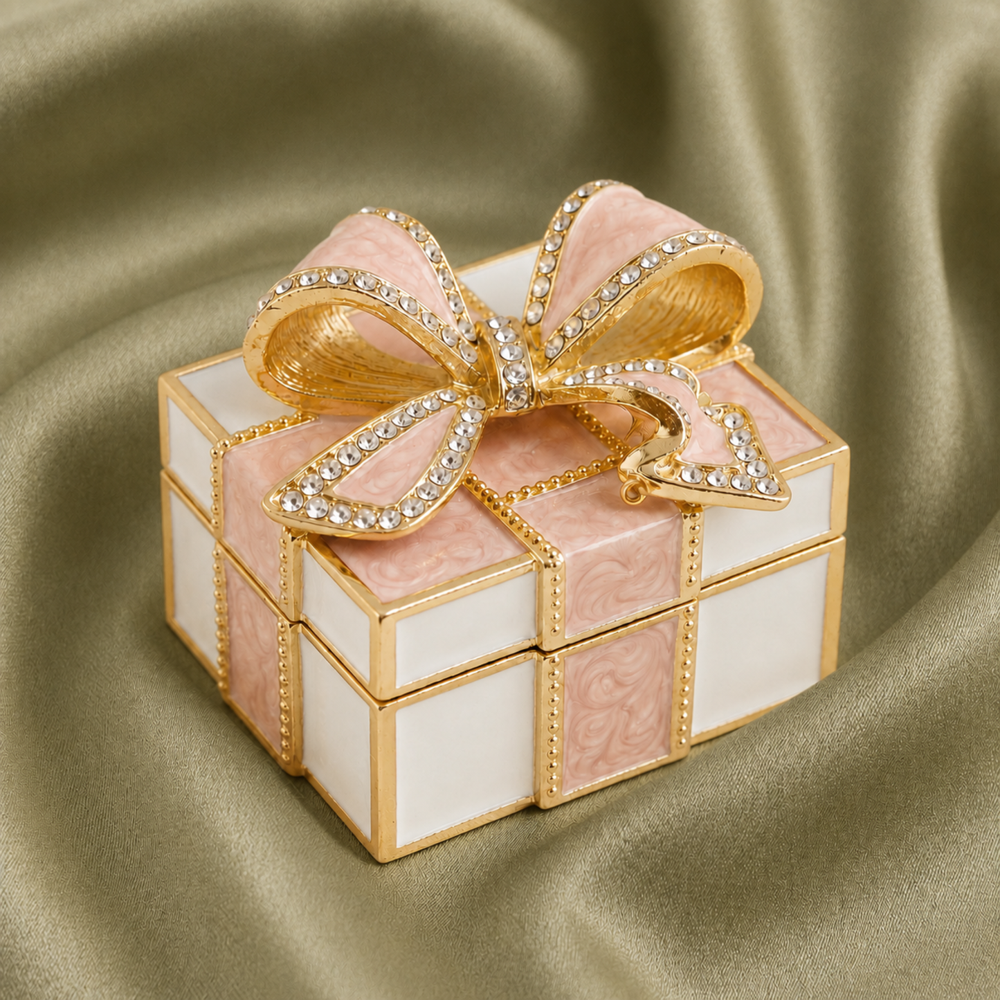 Pink vintage bow gift box enamel crystal jewellery box with gold trim and sparkling bow detail, ideal as a gift for her.