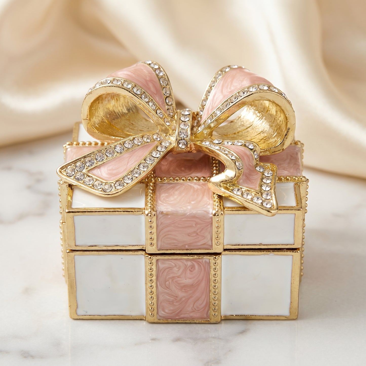 Pink vintage bow gift box enamel crystal jewellery box with gold trim and sparkling bow detail, ideal as a gift for her.
