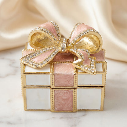 Pink vintage bow gift box enamel crystal jewellery box with gold trim and sparkling bow detail, ideal as a gift for her.