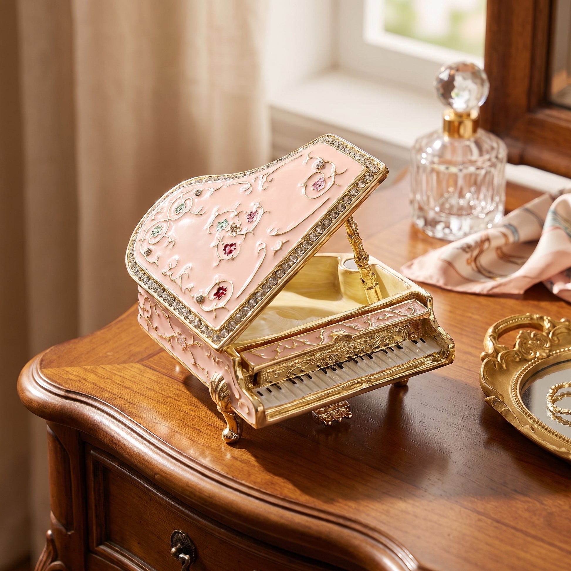 Pink vintage floral piano jewellery box displayed on wooden furniture