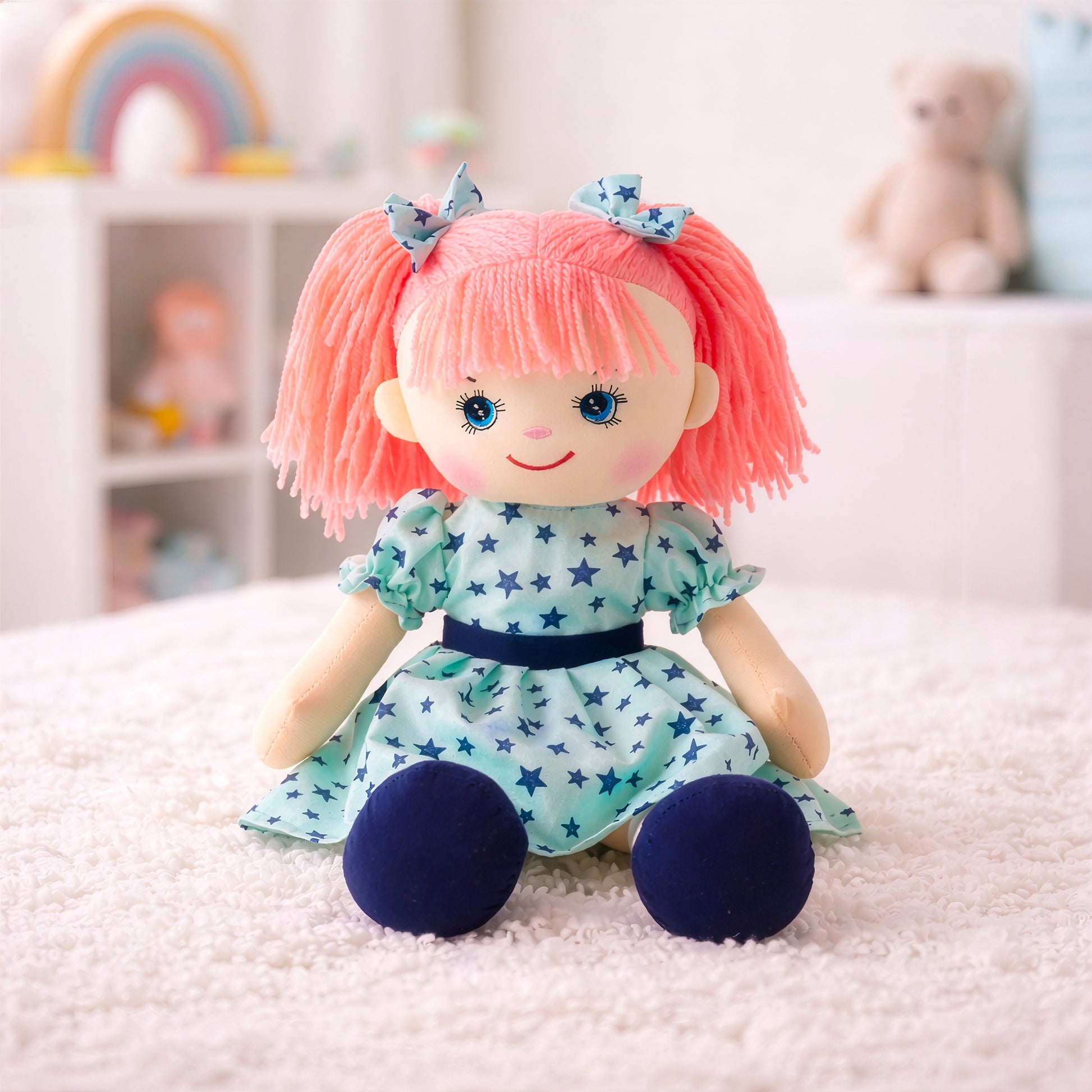 Plush doll toy gift for kids Eva by Giftoria Australia sitting on bed