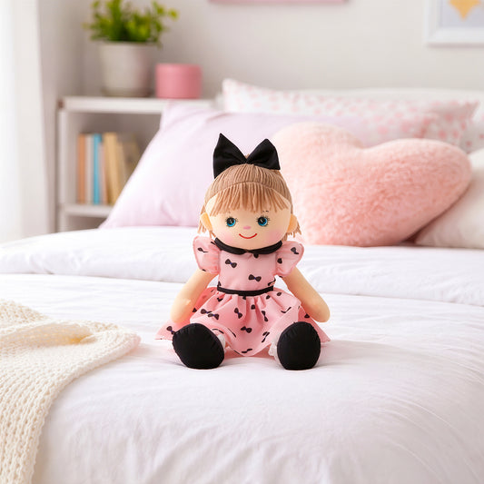 Plush doll toy gift for kids Mia by Giftoria Australia sitting on bed