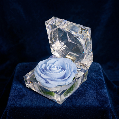 Blue Preserved Rose Crystal Gift Box with real preserved rose in a crystal display box