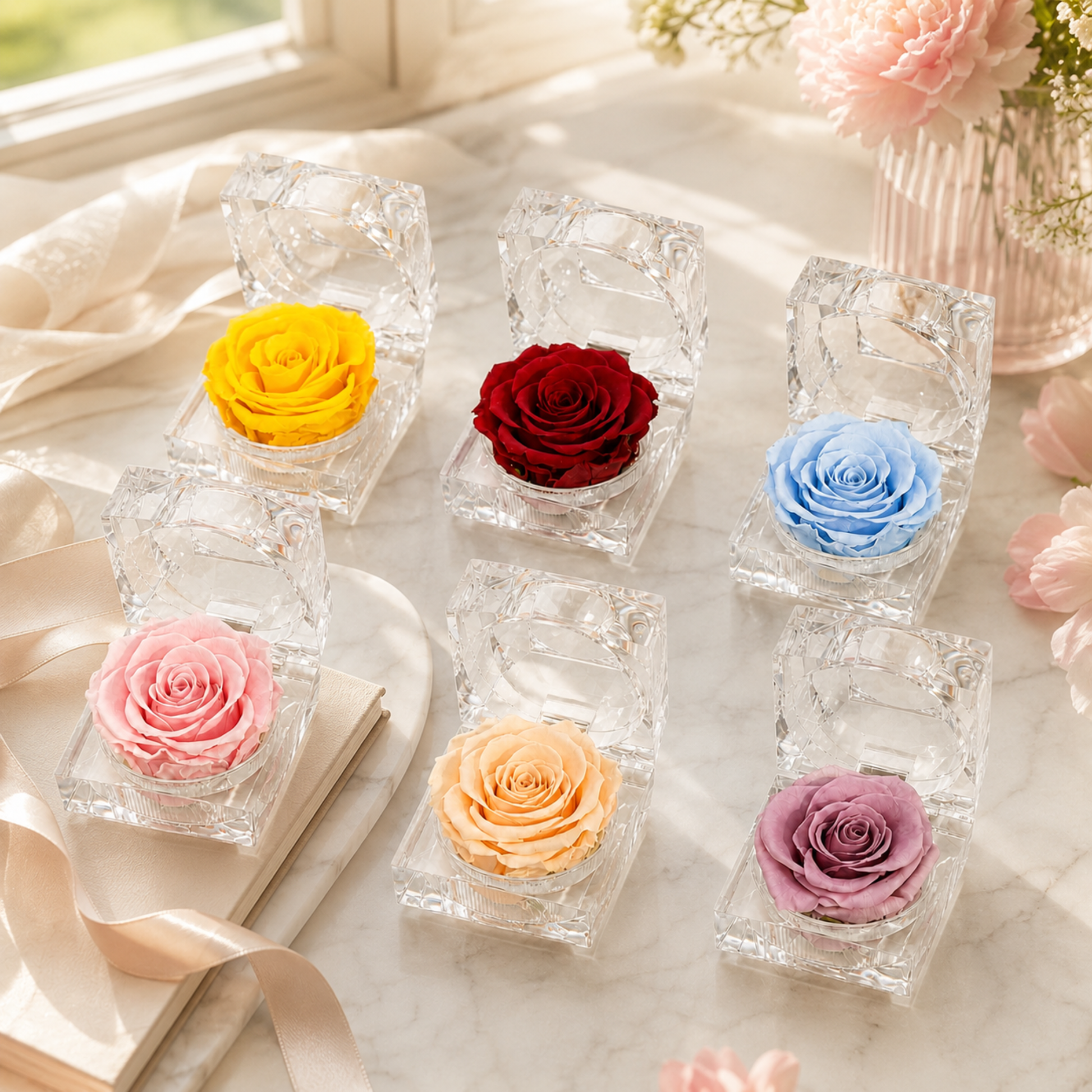 Colorful preserved roses in crystal holders on a marble surface with a soft background