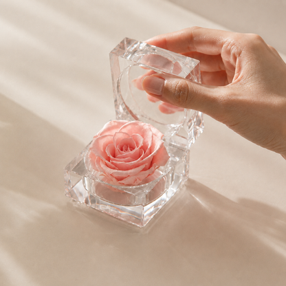 A hand holds open a Pink Preserved Rose Crystal Gift Box with a real preserved rose inside a clear crystal box, set on a light beige surface with soft shadows and a blurred book in the background.