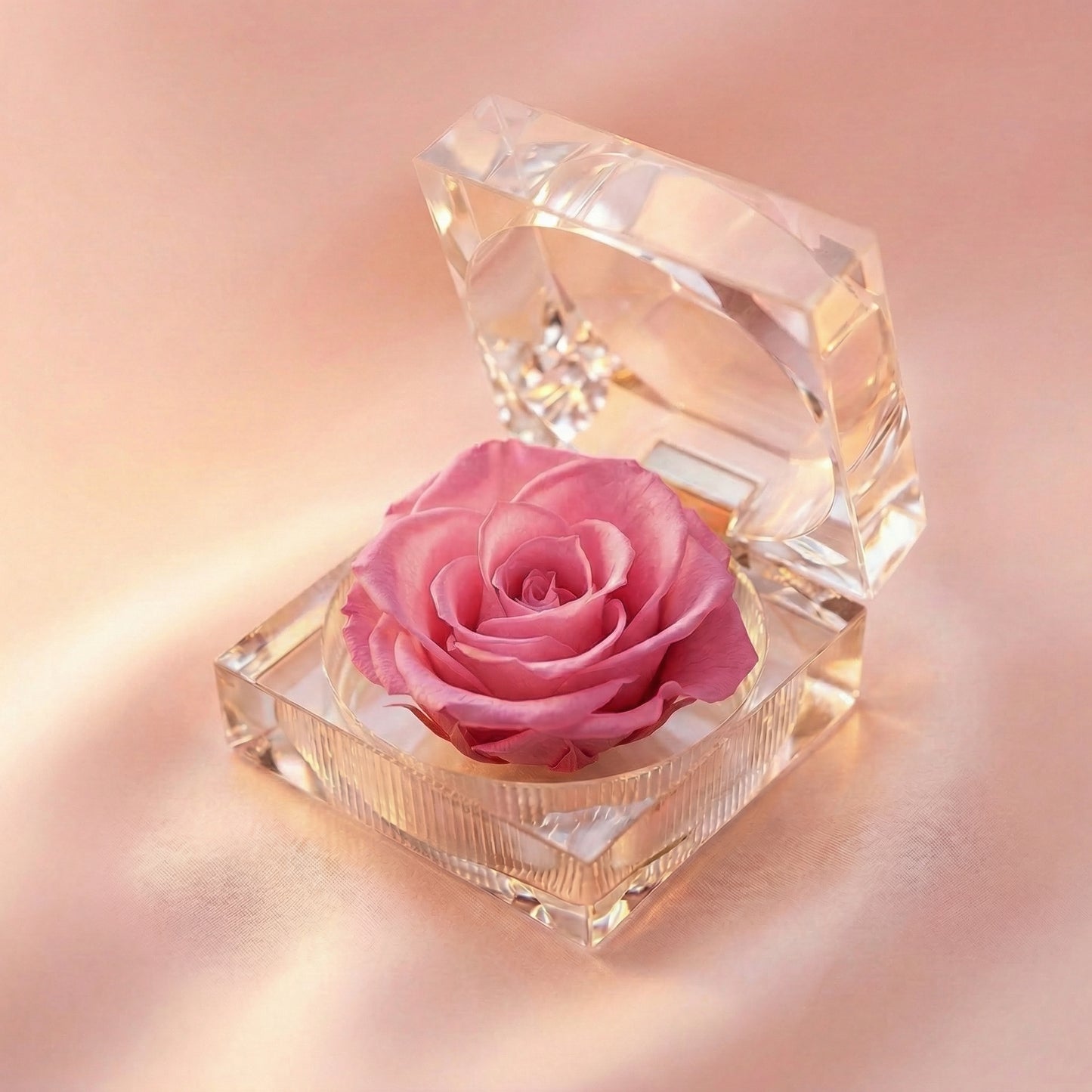 Pink Preserved Rose Crystal Gift Box with a real preserved rose inside a clear crystal box
