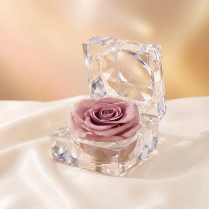 Purple Preserved Rose Crystal Gift Box with a real preserved rose inside a clear crystal box